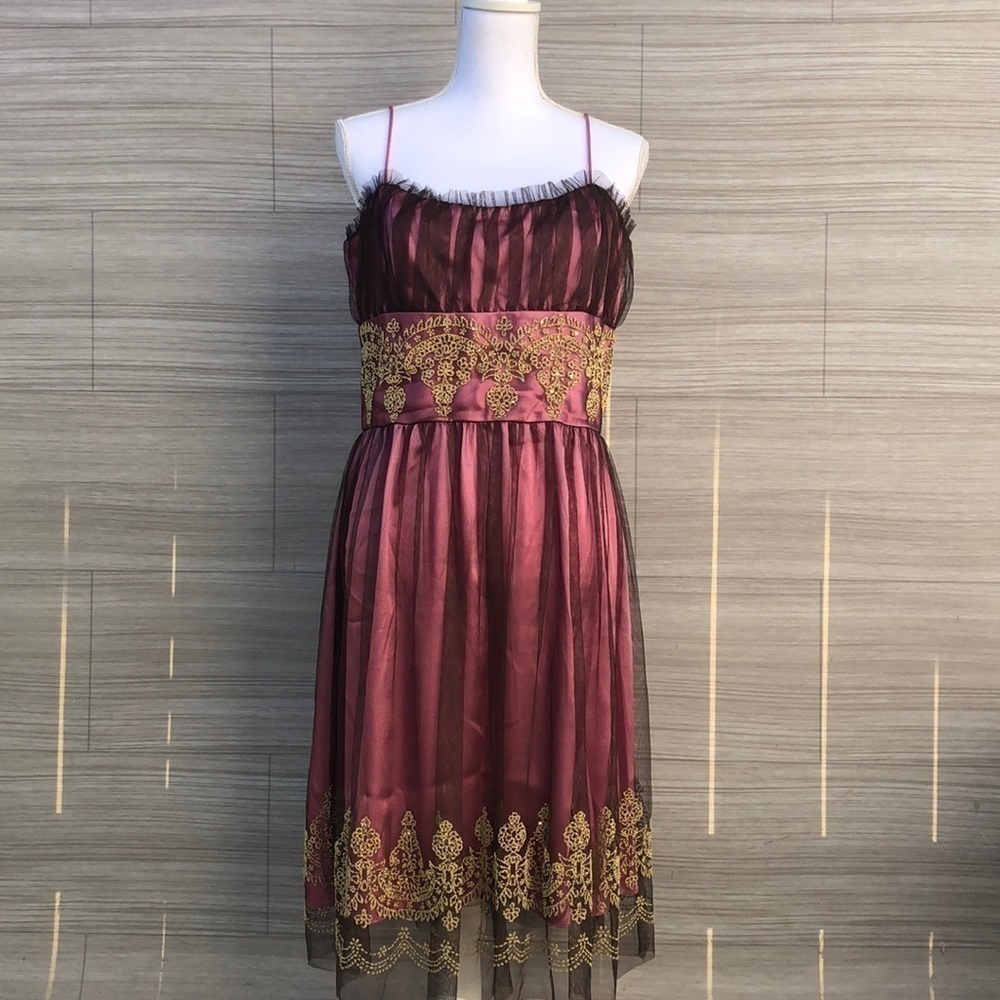 Fiesta Vintage Plum Satin Tulle Overlay Gold Embroidered Cocktail‎ Dress XL 2085